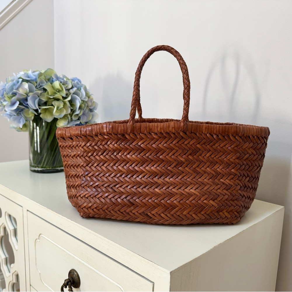 Dragon Diffusion Triple Jump Small Linear Woven EW Leather Basket, color in Tan